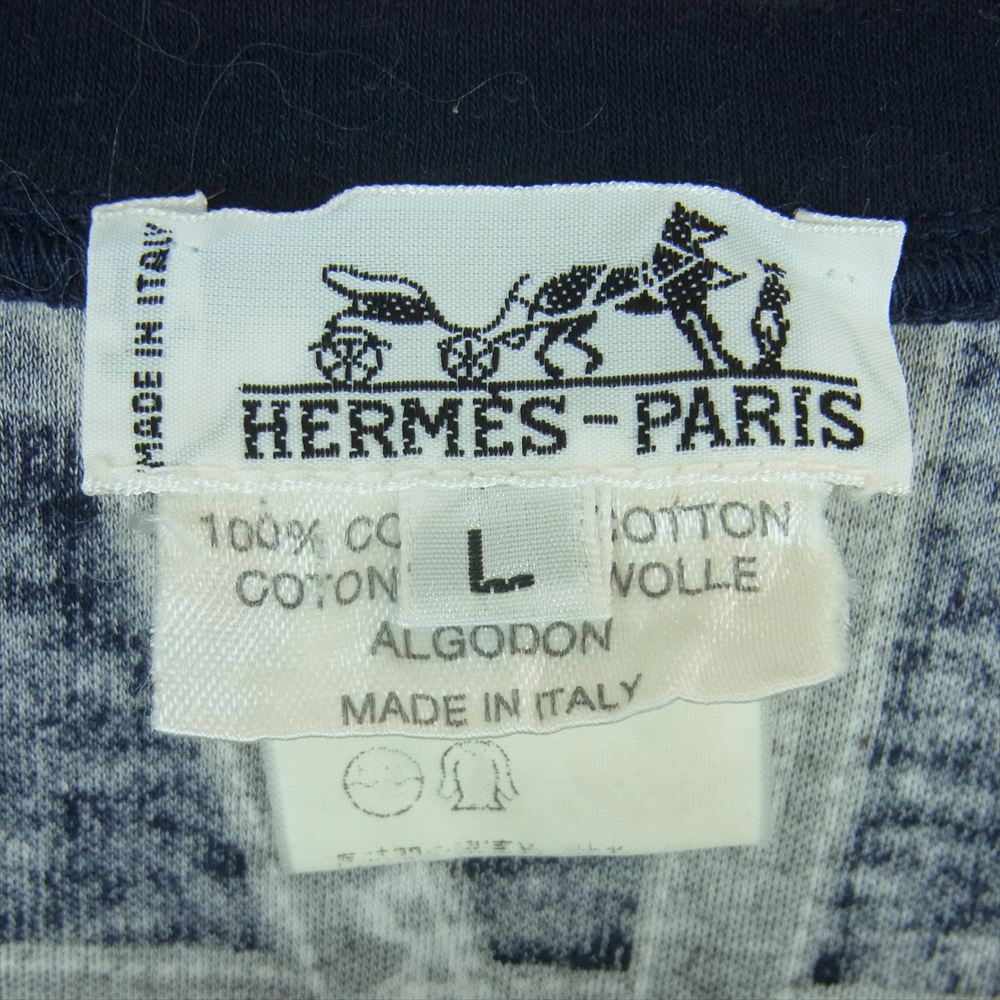 HERMES エルメス ボルデュック リボン柄 ロゴ 半袖 Tシャツ コットン イタリア製 ネイビー系 ブラウン系 L【中古】
