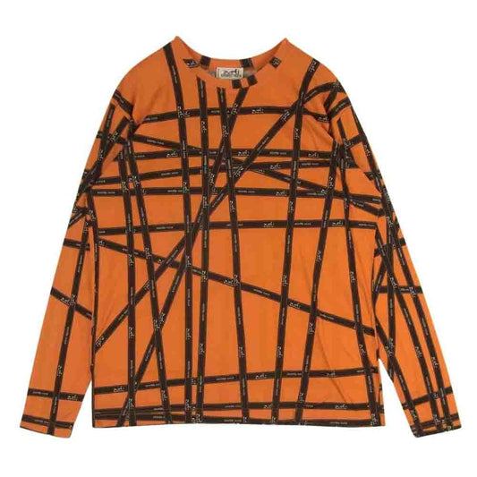HERMES エルメス ボルデュック リボン柄 ロゴ カットソー 長袖 Tシャツ ロンT イタリア製 オレンジ系 ブラック系 XL【中古】
