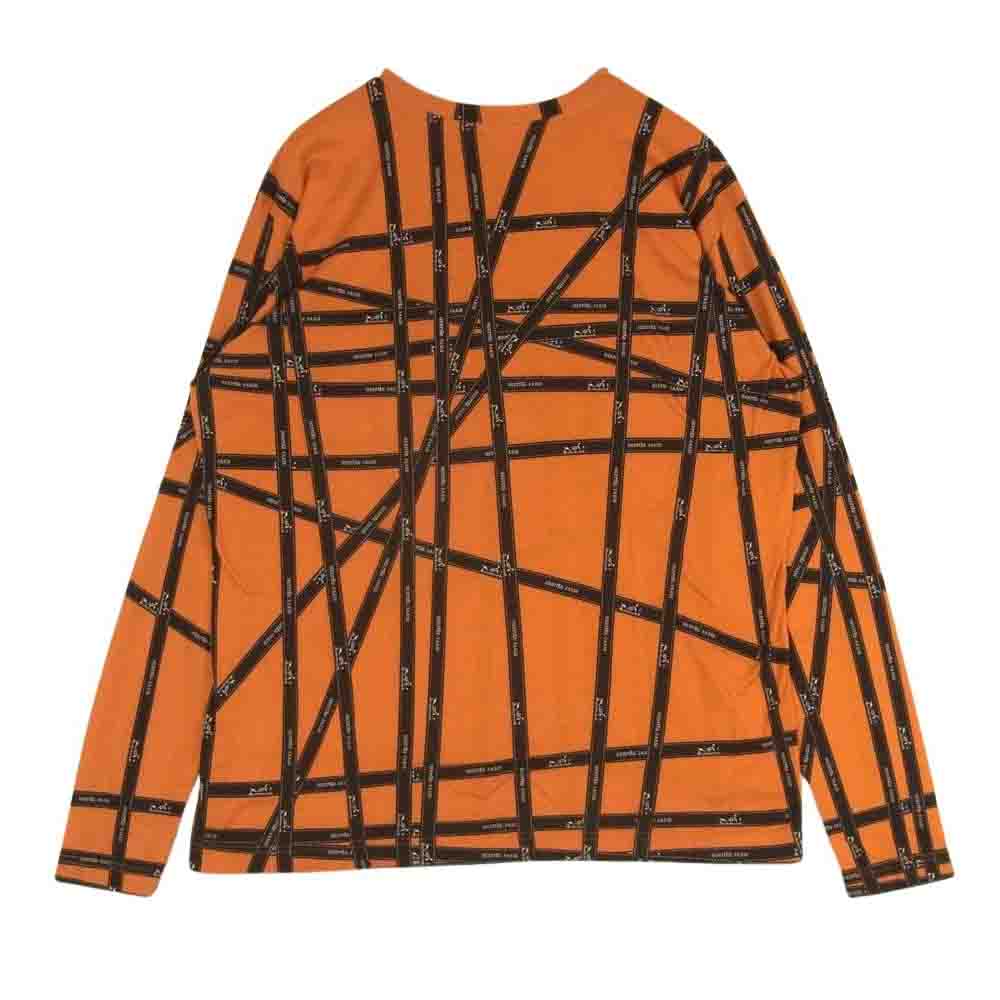 HERMES エルメス ボルデュック リボン柄 ロゴ カットソー 長袖 Tシャツ ロンT イタリア製 オレンジ系 ブラック系 XL【中古】