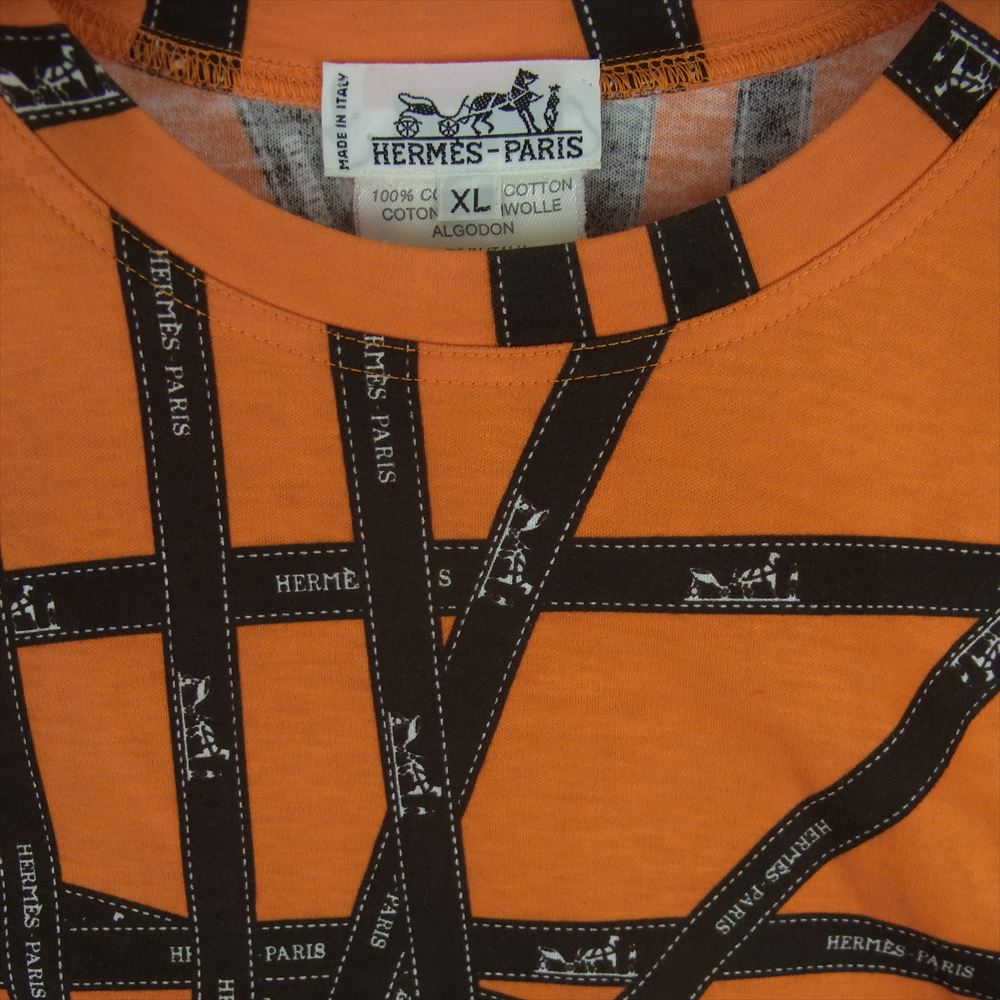 HERMES エルメス ボルデュック リボン柄 ロゴ カットソー 長袖 Tシャツ ロンT イタリア製 オレンジ系 ブラック系 XL【中古】
