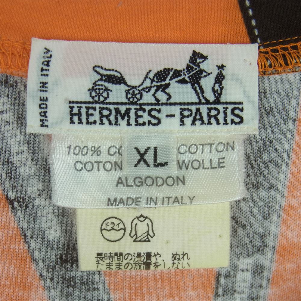 HERMES エルメス ボルデュック リボン柄 ロゴ カットソー 長袖 Tシャツ ロンT イタリア製 オレンジ系 ブラック系 XL【中古】
