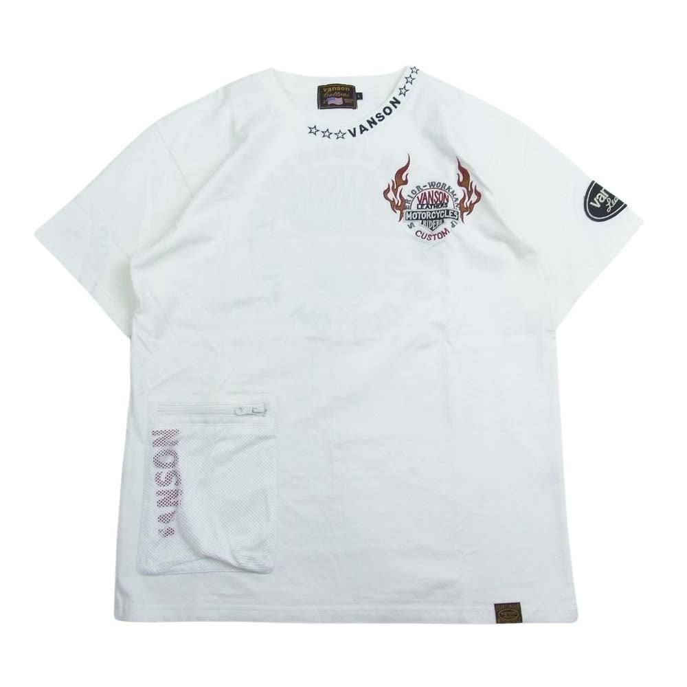 VANSON バンソン ロゴ刺繍 メッシュポケット 半袖 Tシャツ ホワイト系 L【美品】【中古】