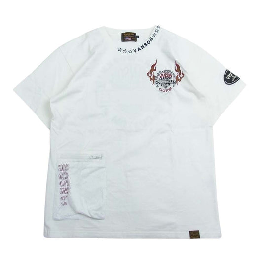 VANSON バンソン ロゴ刺繍 メッシュポケット 半袖 Tシャツ ホワイト系 L【美品】【中古】