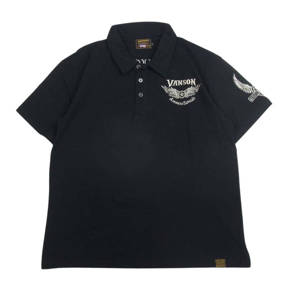 VANSON バンソン ロゴ刺繍 ウィング メタルボタン 半袖 ポロシャツ ブラック系 XL【美品】【中古】