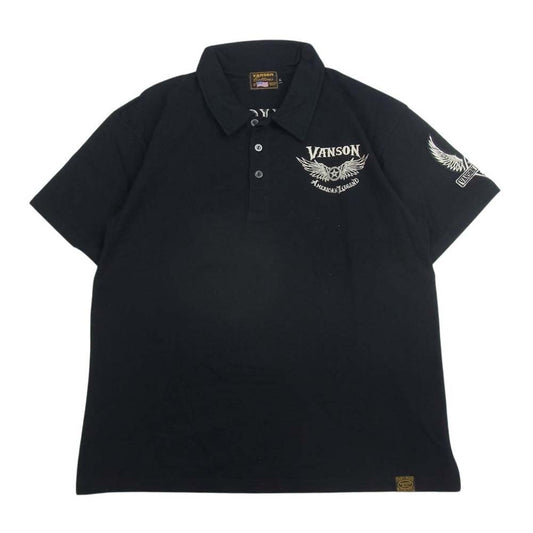 VANSON バンソン ロゴ刺繍 ウィング メタルボタン 半袖 ポロシャツ ブラック系 XL【美品】【中古】