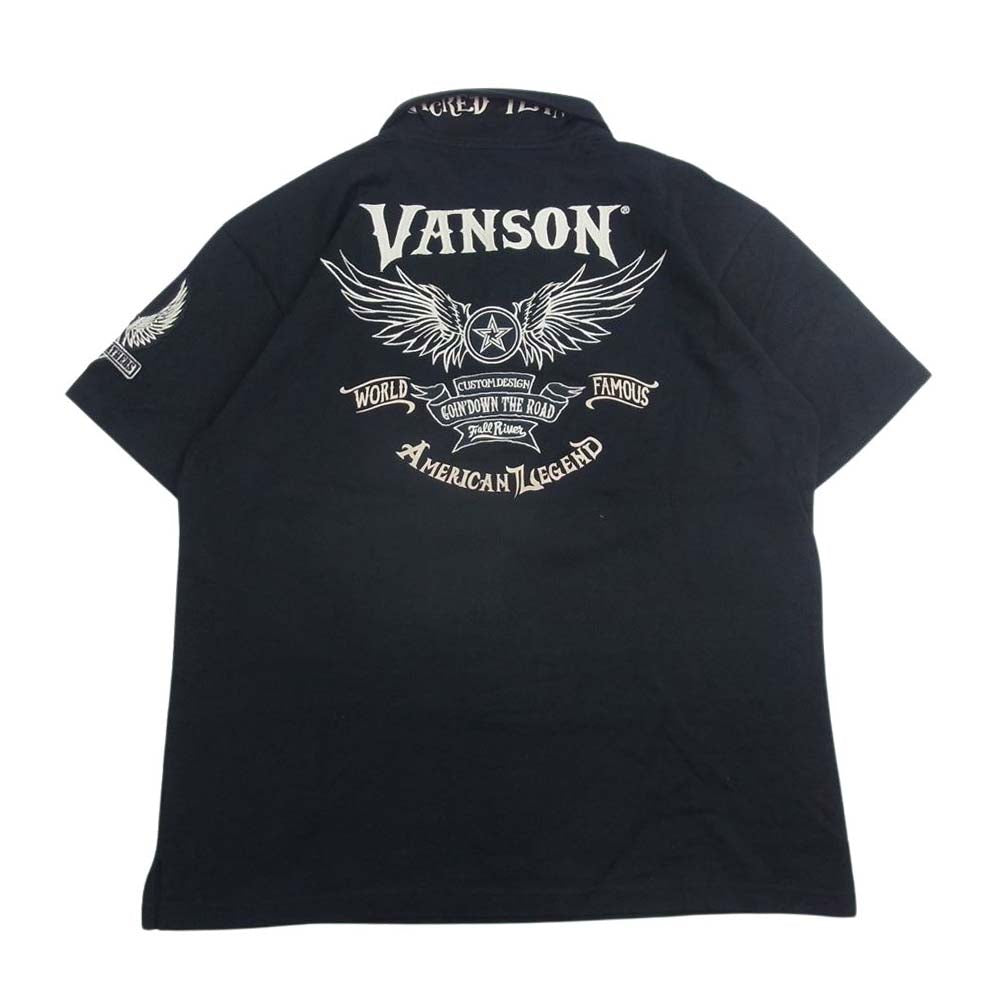 VANSON バンソン ロゴ刺繍 ウィング メタルボタン 半袖 ポロシャツ ブラック系 XL【美品】【中古】