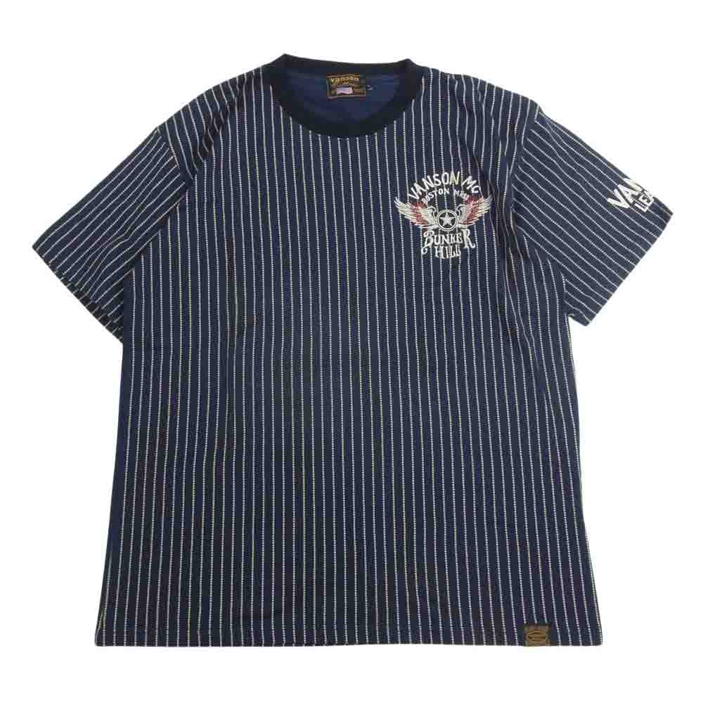VANSON バンソン BOSTON MASS ヒッコリー ストライプ 半袖 Tシャツ ネイビー系 L【中古】