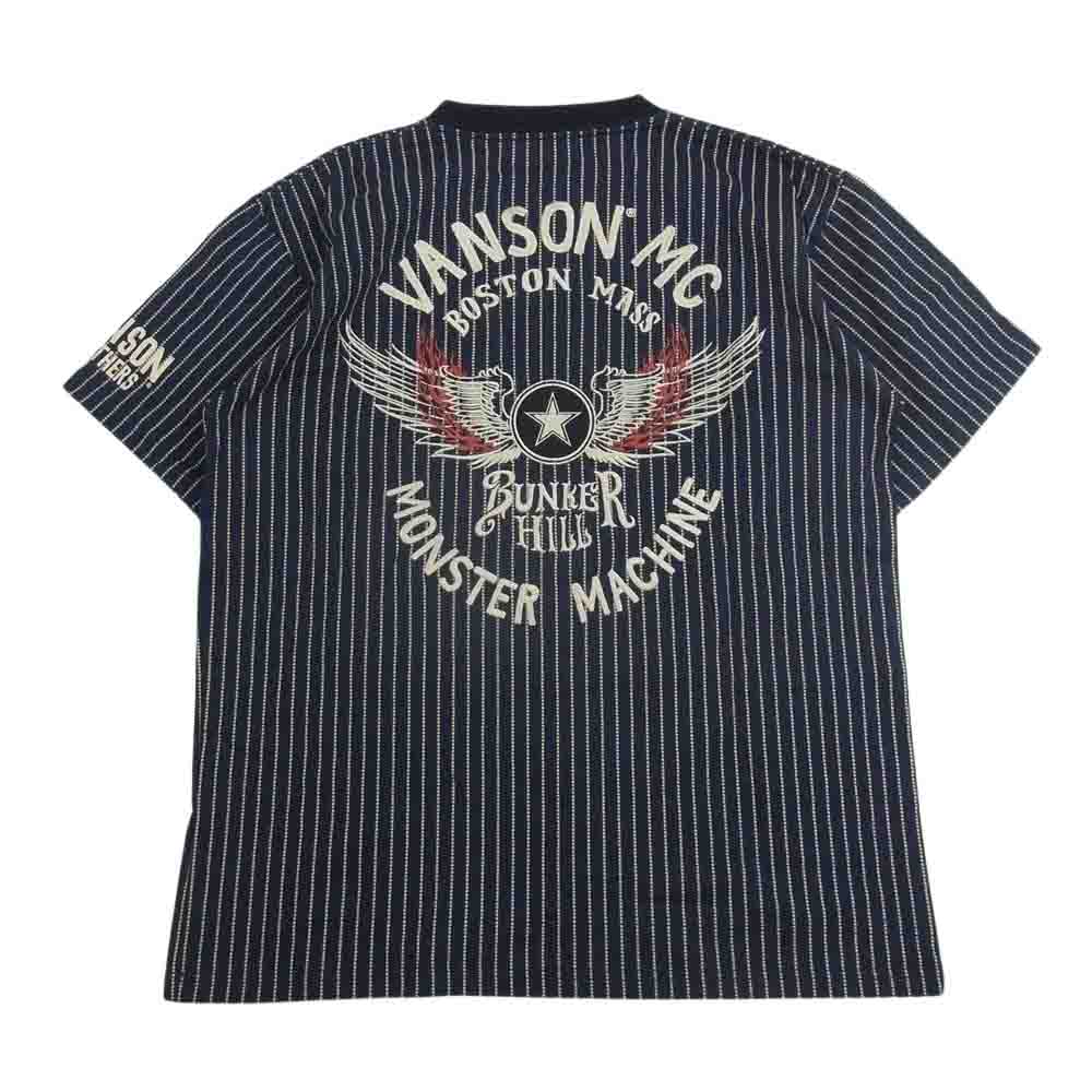 VANSON バンソン BOSTON MASS ヒッコリー ストライプ 半袖 Tシャツ ネイビー系 L【中古】