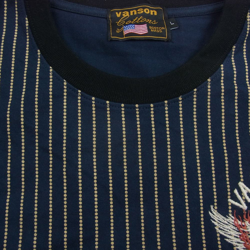 VANSON バンソン BOSTON MASS ヒッコリー ストライプ 半袖 Tシャツ ネイビー系 L【中古】