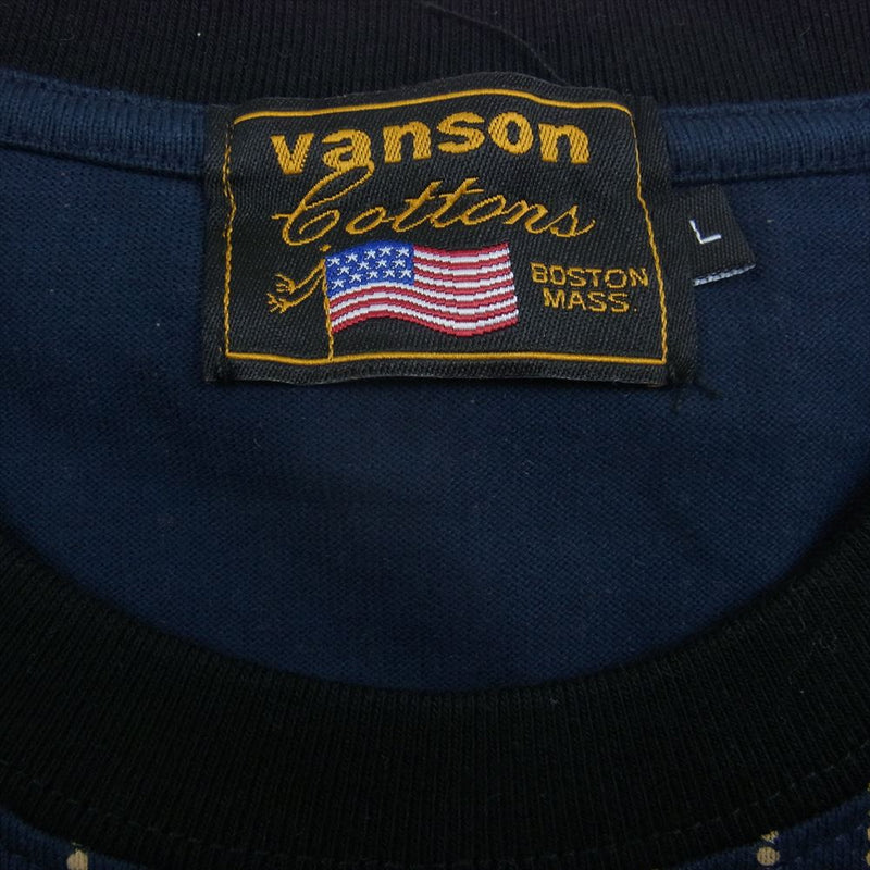 VANSON バンソン BOSTON MASS ヒッコリー ストライプ 半袖 Tシャツ ネイビー系 L【中古】