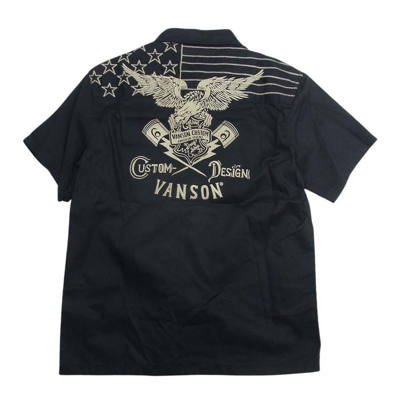 VANSON バンソン ロゴ刺繍 イーグル ウィング ポケット 半袖 シャツ ブラック系 L【美品】【中古】