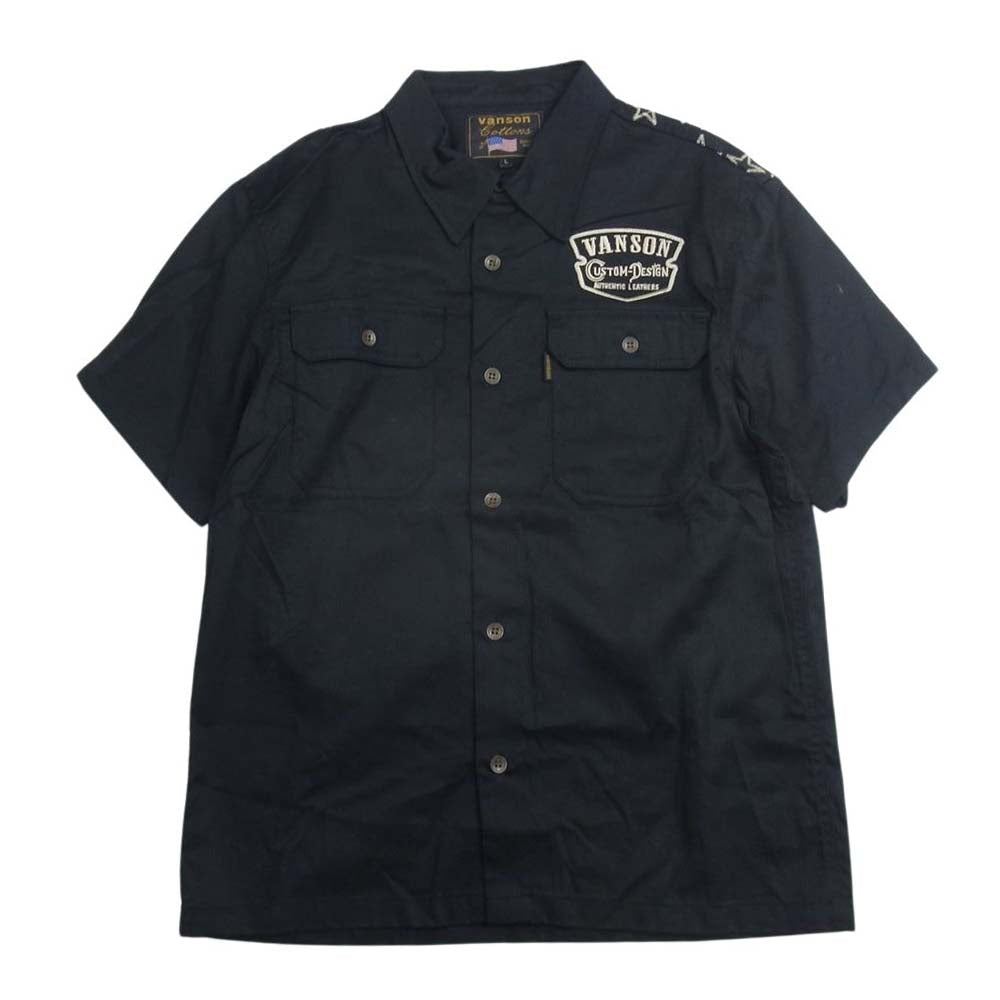 VANSON バンソン ロゴ刺繍 イーグル ウィング ポケット 半袖 シャツ ブラック系 L【美品】【中古】