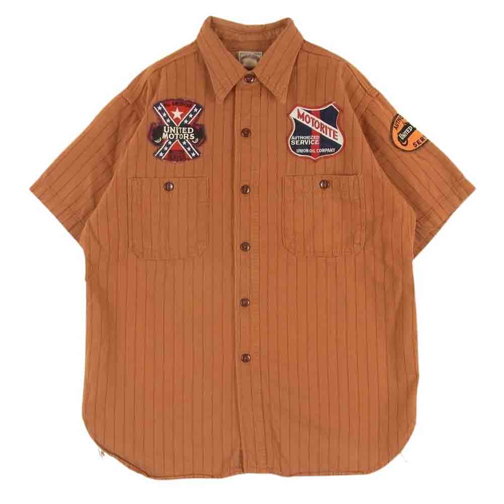 The REAL McCOY'S ザリアルマッコイズ JOE McCOY ジョーマッコイ 8hour Union ワッペン付き ストライプ 半袖 ワーク シャツ オレンジ系 15【中古】