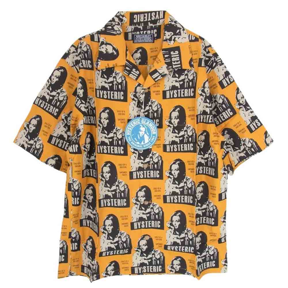 HYSTERIC GLAMOUR ヒステリックグラマー 22SS 02221AH05 HYSTERIC FICTION柄  レーヨン オープンカラー 半袖 アロハ シャツ イエロー系 L【新古品】【未使用】【中古】
