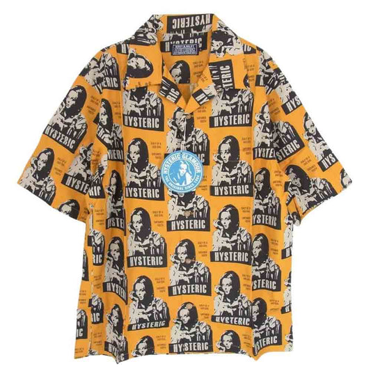 HYSTERIC GLAMOUR ヒステリックグラマー 22SS 02221AH05 HYSTERIC FICTION柄  レーヨン オープンカラー 半袖 アロハ シャツ イエロー系 L【新古品】【未使用】【中古】