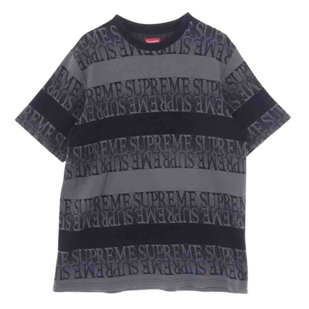 Supreme シュプリーム 19SS Text Stripe Jacquard Top テキスト ストライプ ジャガード 半袖 ロゴ Tシャツ ブラック系 ダークグレー系 L【中古】