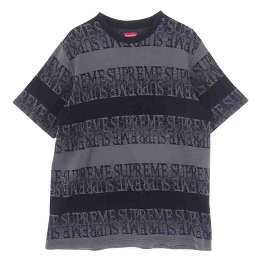 Supreme シュプリーム 19SS Text Stripe Jacquard Top テキスト ストライプ ジャガード 半袖 ロゴ Tシャツ ブラック系 ダークグレー系 L【中古】