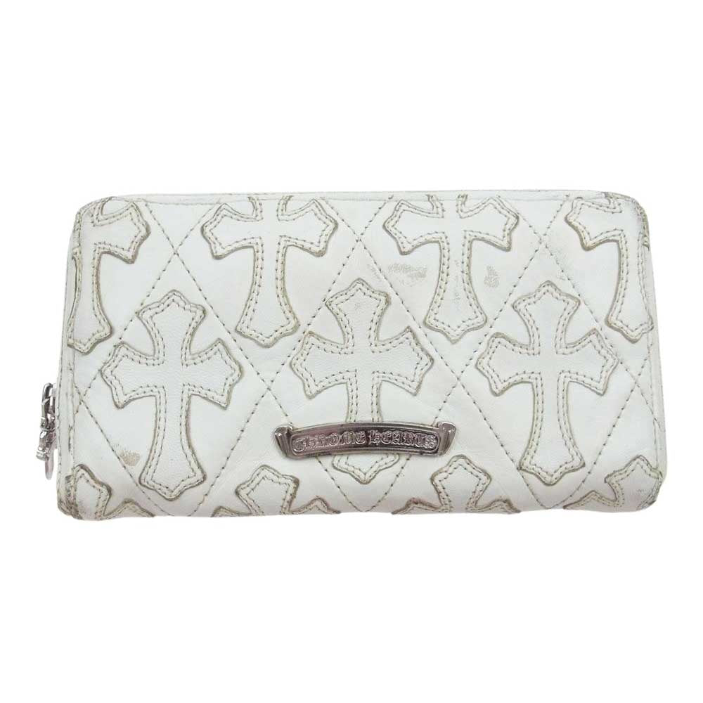 CHROME HEARTS クロムハーツ（原本無） REC F ZIP QUILTED セメタリークロス レザー ラウンドジップ ウォレット 財布  ホワイト系【中古】