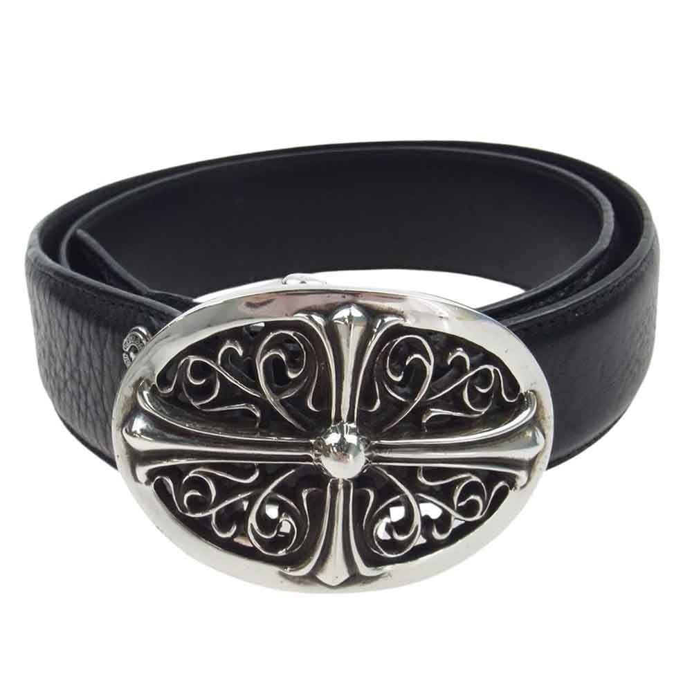 CHROME HEARTS クロムハーツ（原本無） 1.5 クラシック オーバルクロス バックル & 1.5 STRAP レザーベルト ブラック系 シルバー系 32【中古】