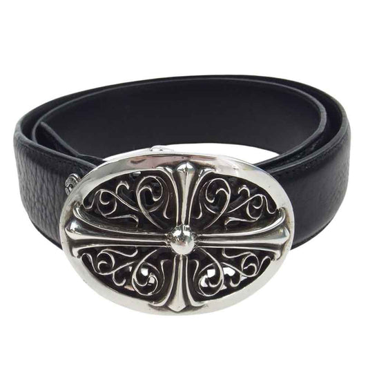 CHROME HEARTS クロムハーツ（原本無） 1.5 クラシック オーバルクロス バックル & 1.5 STRAP レザーベルト ブラック系 シルバー系 32【中古】