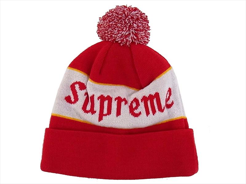 Supreme シュプリーム ボンボン ロゴ ニット キャップ 帽子 レッド系 レッド系【極上美品】【中古】