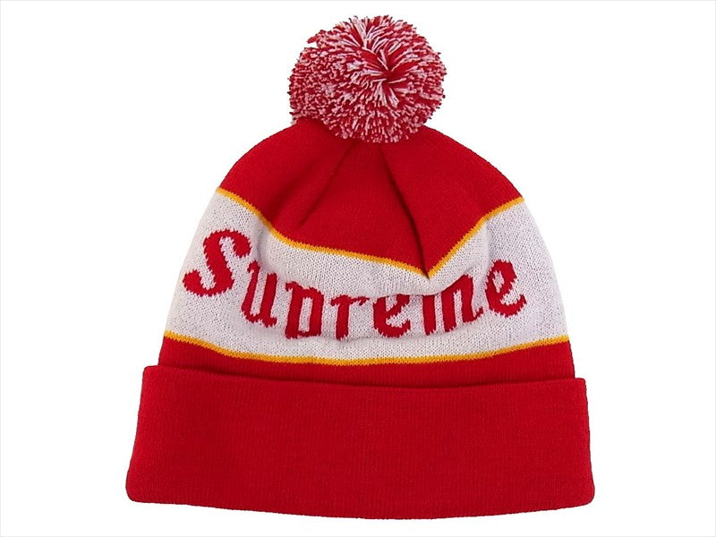 Supreme シュプリーム ボンボン ロゴ ニット キャップ 帽子 レッド系 レッド系【極上美品】【中古】