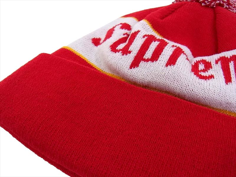 Supreme シュプリーム ボンボン ロゴ ニット キャップ 帽子 レッド系 レッド系【極上美品】【中古】